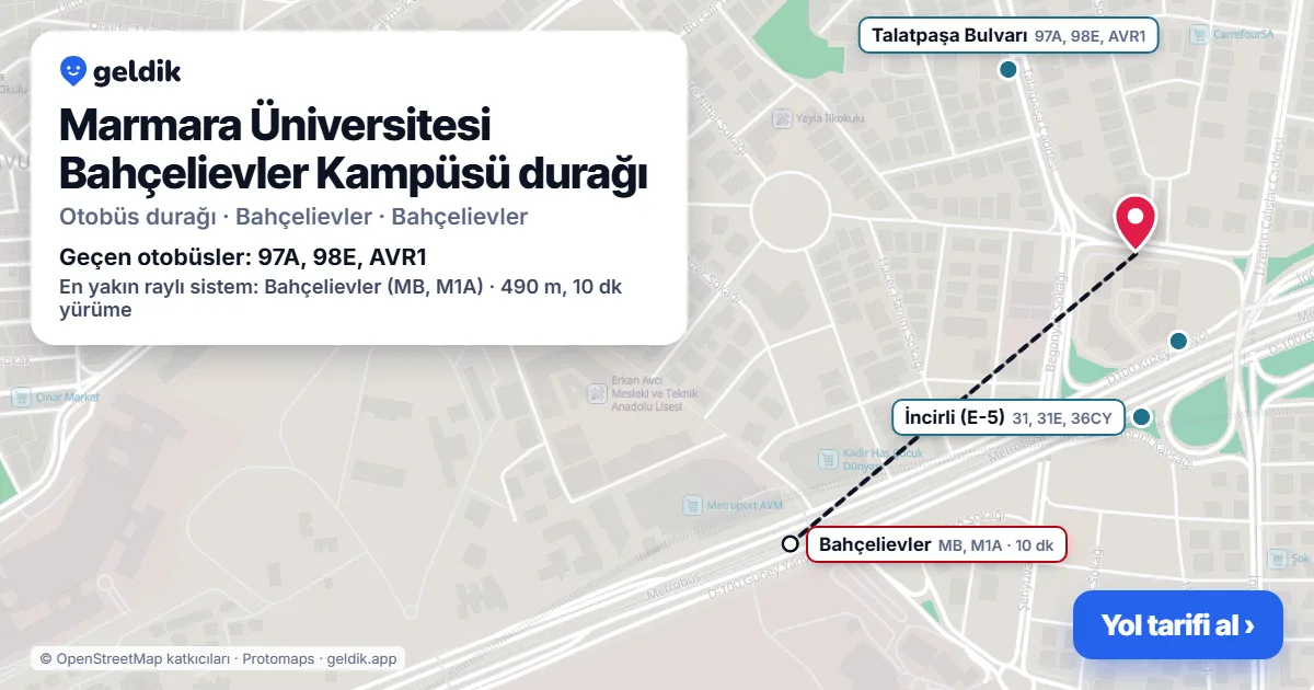 Marmara Üniversitesi Bahçelievler Kampüsü otobüs durağı haritada: konumu ve yakındaki duraklar