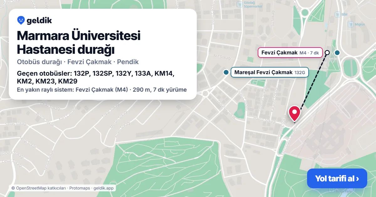 Marmara Üniversitesi Hastanesi otobüs durağı haritada: konumu ve yakındaki duraklar
