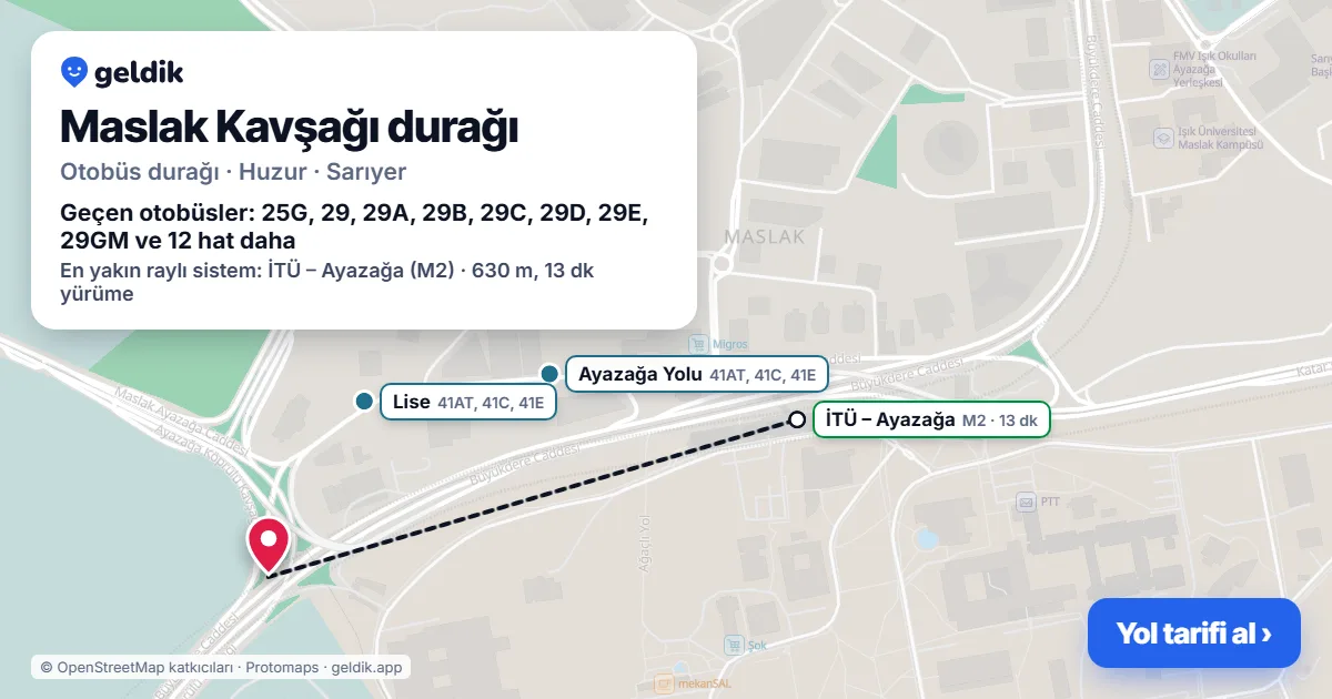 Maslak Kavşağı otobüs durağı haritada: konumu ve yakındaki duraklar