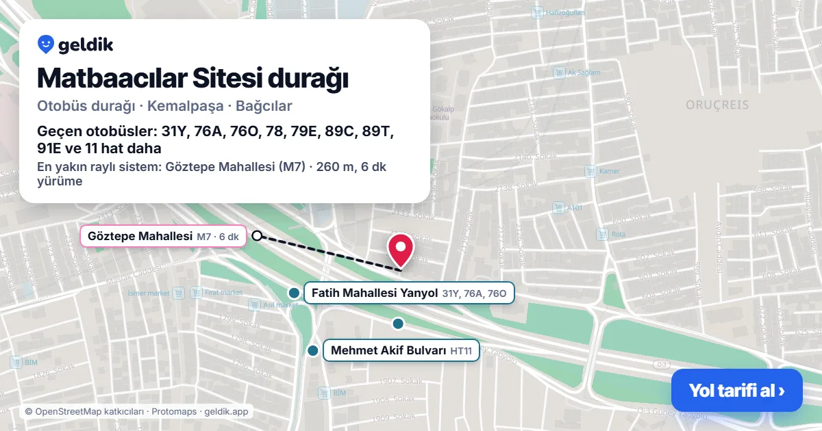Matbaacılar Sitesi otobüs durağı haritada: konumu ve yakındaki duraklar