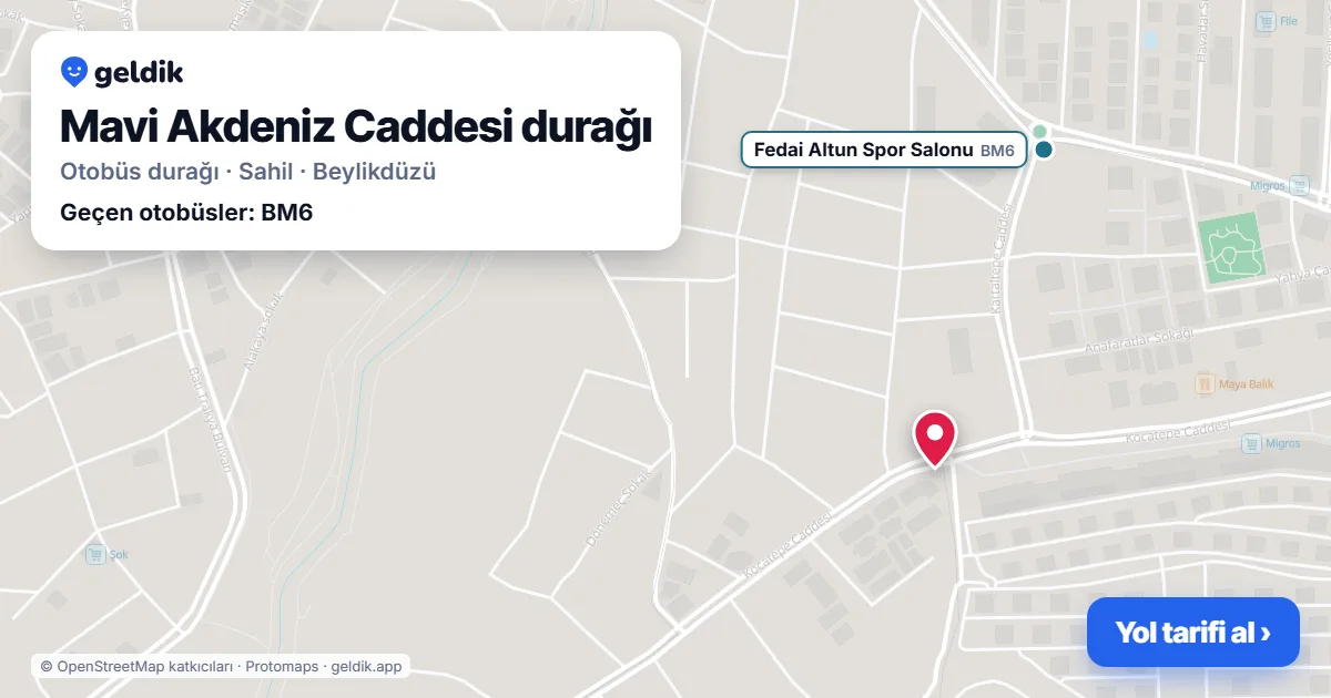 Mavi Akdeniz Caddesi otobüs durağı haritada: konumu ve yakındaki duraklar