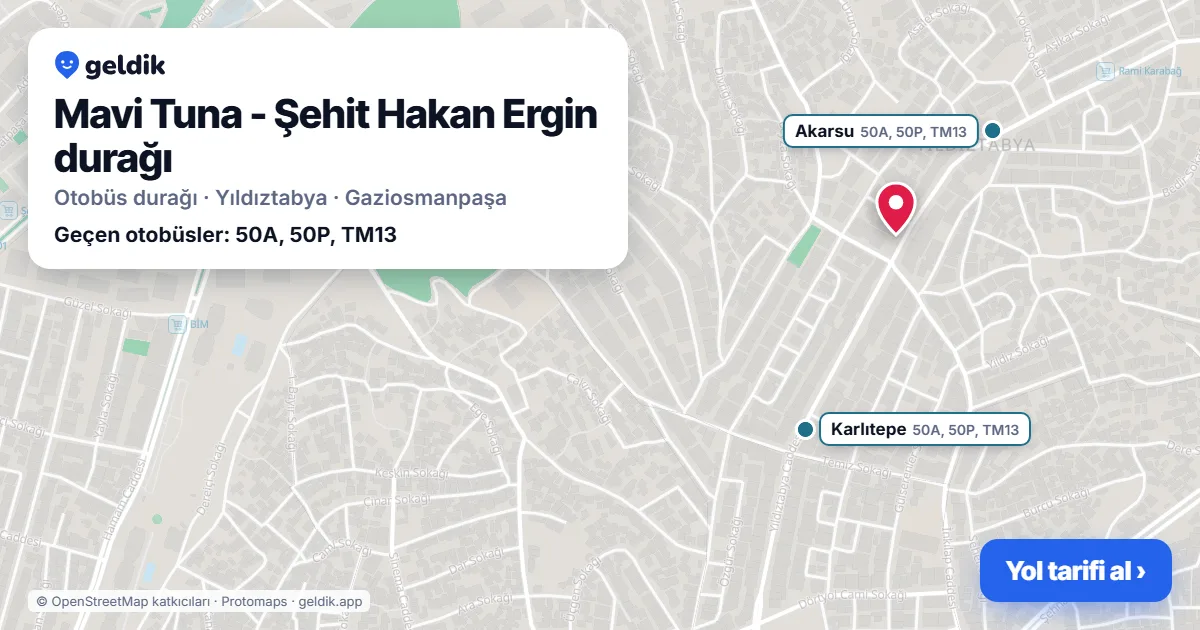 Mavi Tuna - Şehit Hakan Ergin otobüs durağı haritada: konumu ve yakındaki duraklar