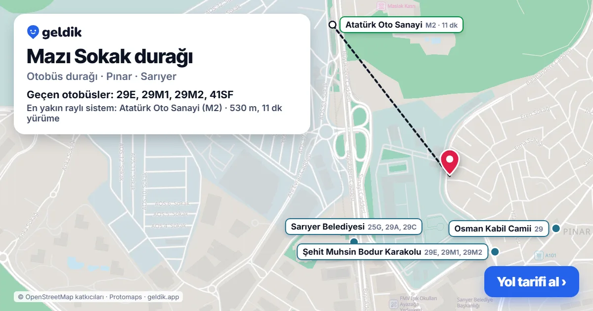 Mazı Sokak otobüs durağı haritada: konumu ve yakındaki duraklar