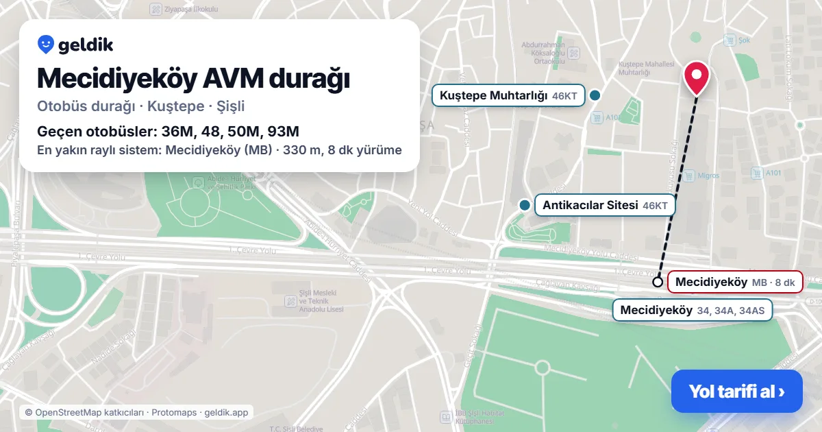 Mecidiyeköy AVM otobüs durağı haritada: konumu ve yakındaki duraklar