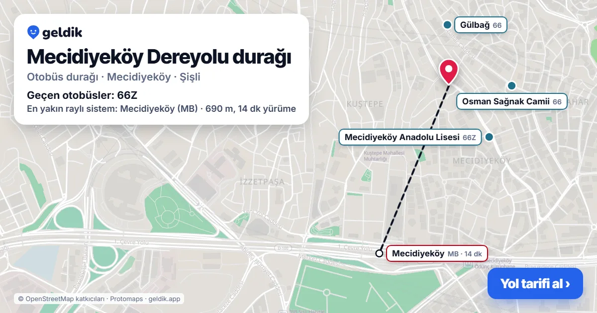 Mecidiyeköy Dereyolu otobüs durağı haritada: konumu ve yakındaki duraklar