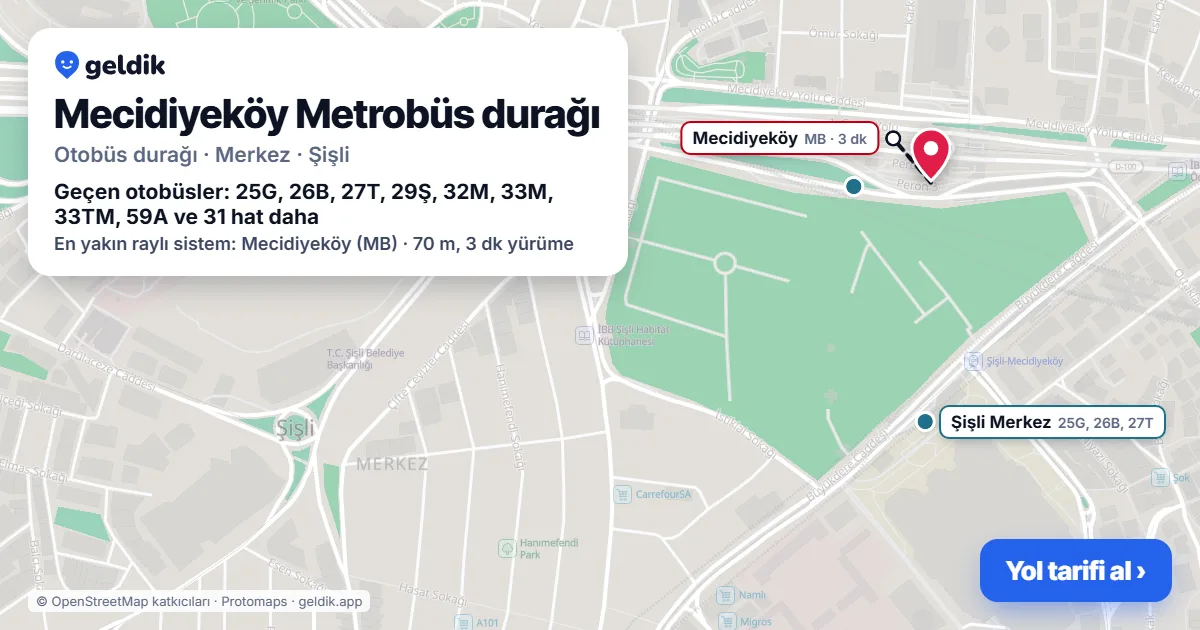 Mecidiyeköy Metrobüs otobüs durağı haritada: konumu ve yakındaki duraklar