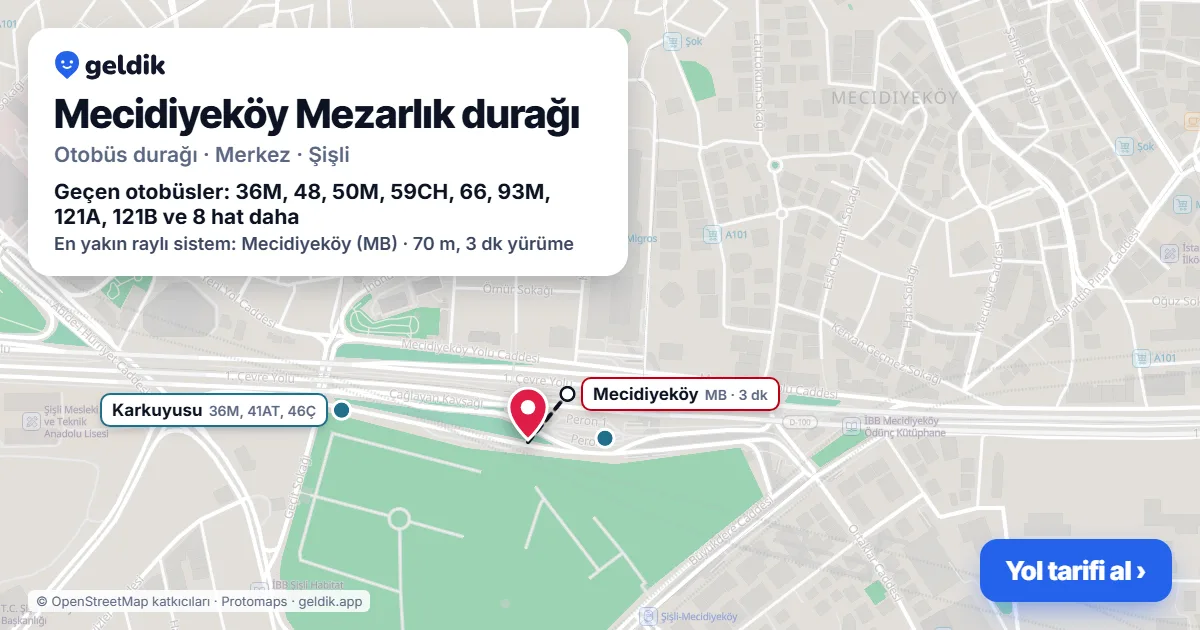 Mecidiyeköy Mezarlık otobüs durağı haritada: konumu ve yakındaki duraklar