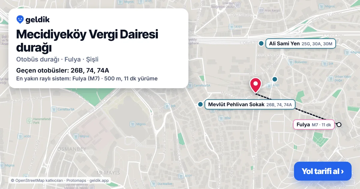 Mecidiyeköy Vergi Dairesi otobüs durağı haritada: konumu ve yakındaki duraklar