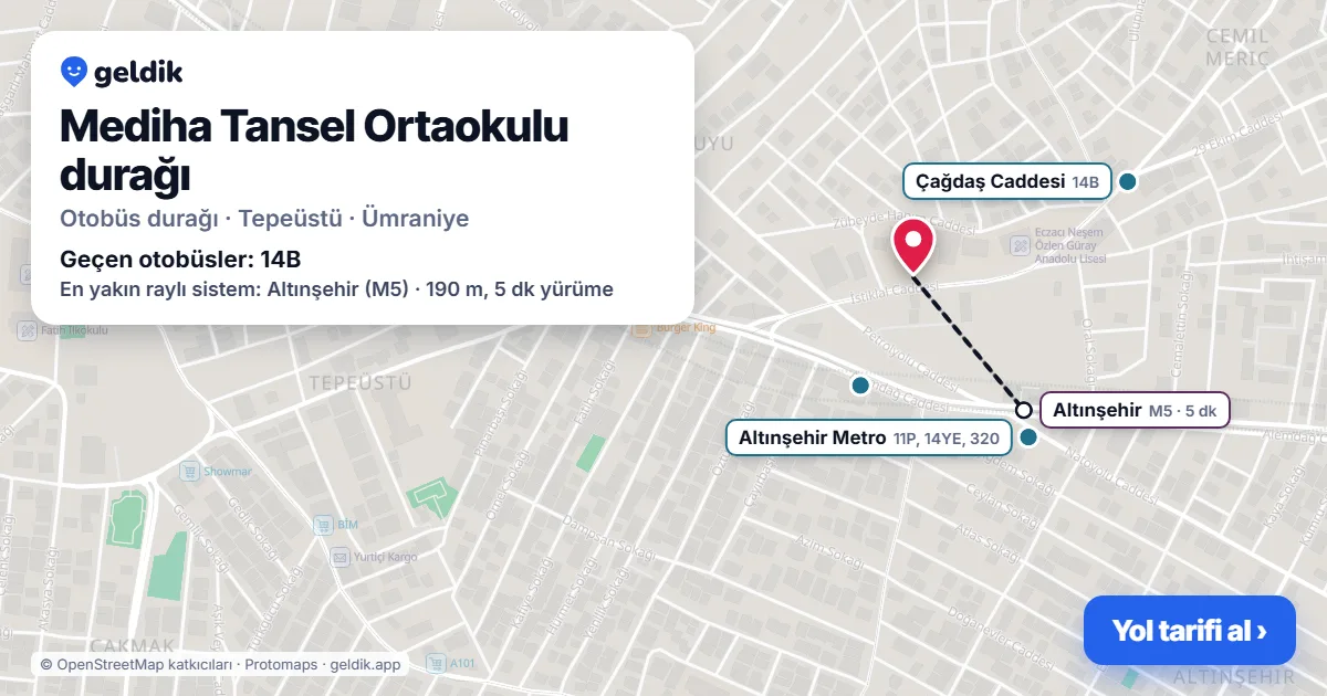 Mediha Tansel Ortaokulu otobüs durağı haritada: konumu ve yakındaki duraklar