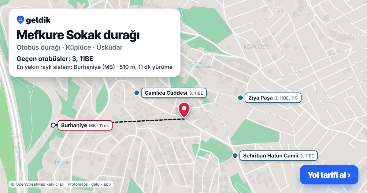 Mefkure Sokak otobüs durağı haritada: konumu ve yakındaki duraklar