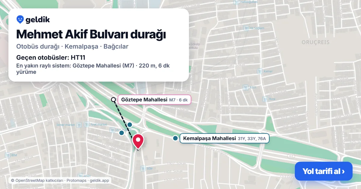 Mehmet Akif Bulvarı otobüs durağı haritada: konumu ve yakındaki duraklar