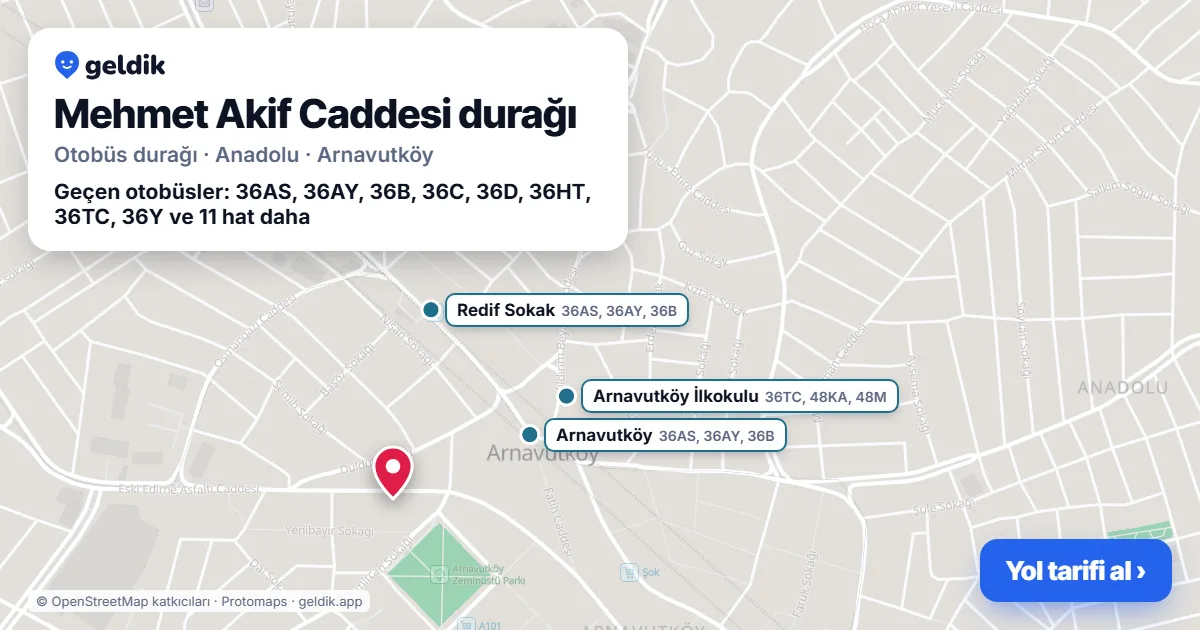 Mehmet Akif Caddesi otobüs durağı haritada: konumu ve yakındaki duraklar