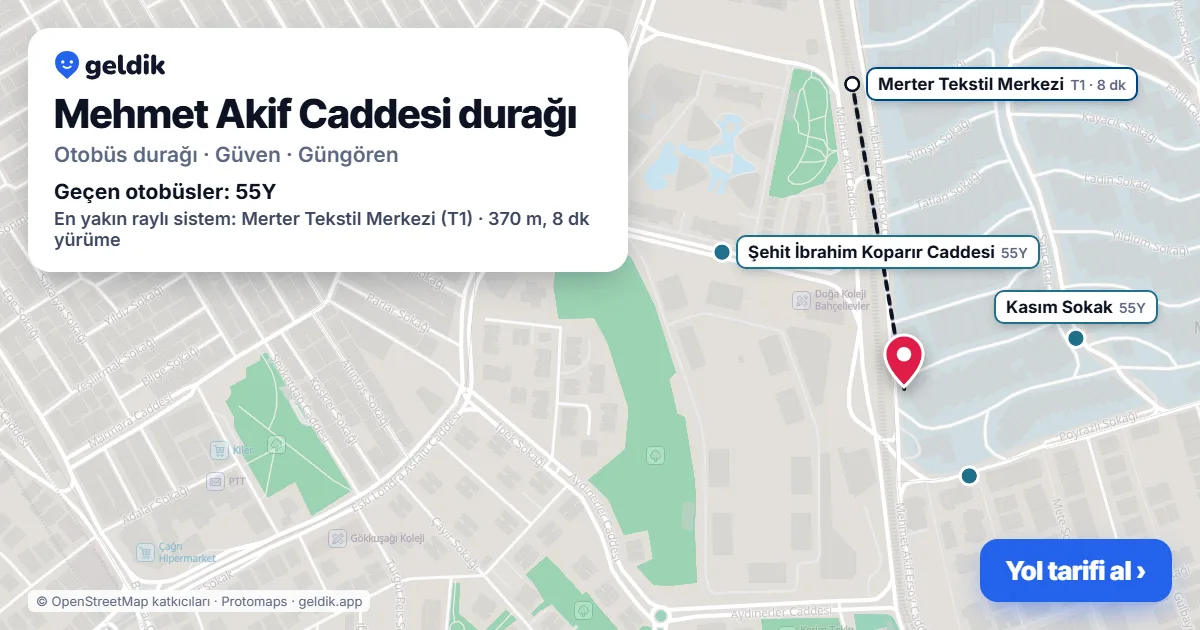 Mehmet Akif Caddesi otobüs durağı haritada: konumu ve yakındaki duraklar