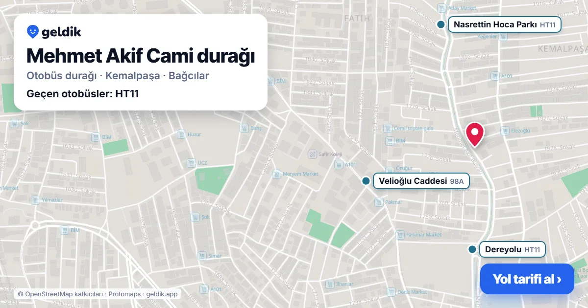 Mehmet Akif Cami otobüs durağı haritada: konumu ve yakındaki duraklar