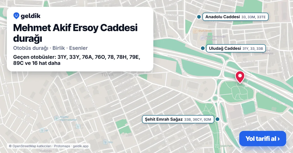 Mehmet Akif Ersoy Caddesi otobüs durağı haritada: konumu ve yakındaki duraklar