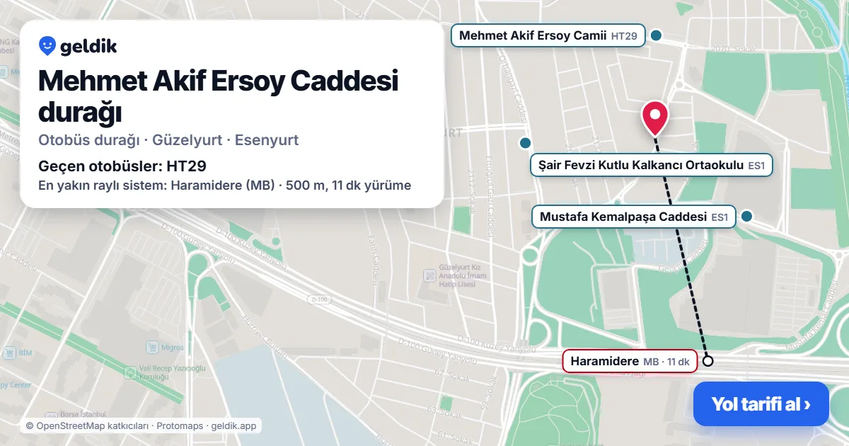 Mehmet Akif Ersoy Caddesi otobüs durağı haritada: konumu ve yakındaki duraklar