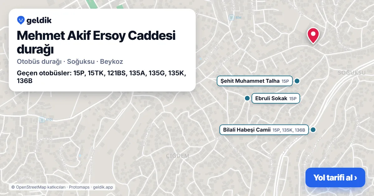 Mehmet Akif Ersoy Caddesi otobüs durağı haritada: konumu ve yakındaki duraklar