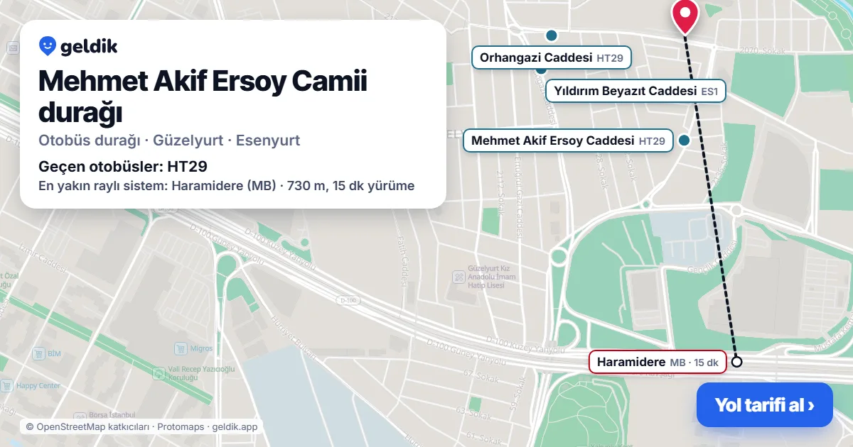 Mehmet Akif Ersoy Camii otobüs durağı haritada: konumu ve yakındaki duraklar
