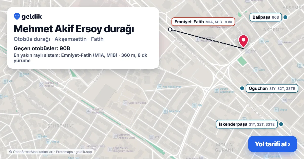 Mehmet Akif Ersoy otobüs durağı haritada: konumu ve yakındaki duraklar