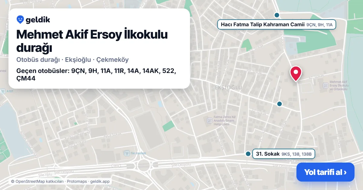 Mehmet Akif Ersoy İlkokulu otobüs durağı haritada: konumu ve yakındaki duraklar