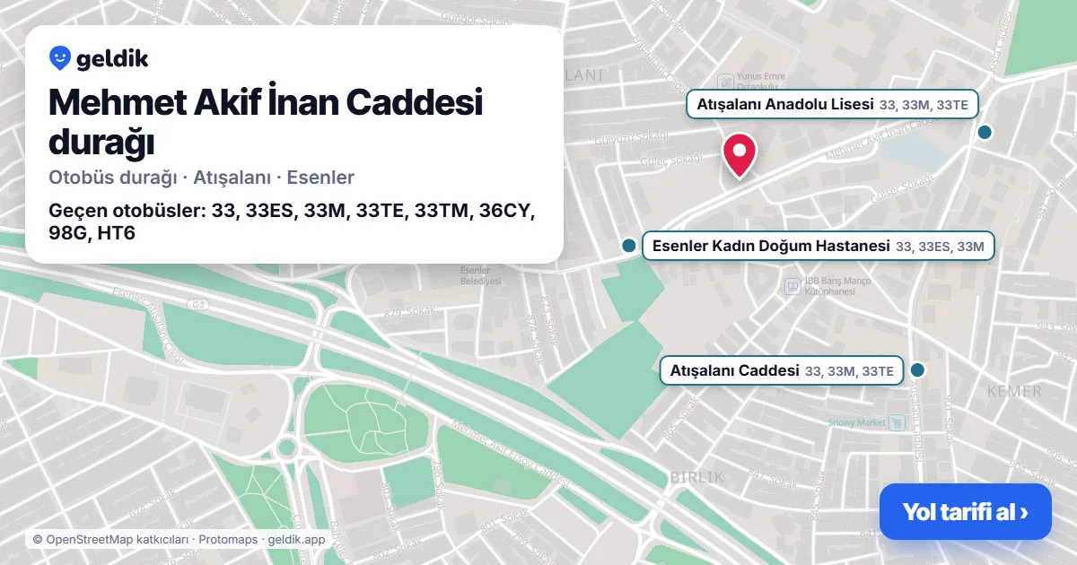 Mehmet Akif İnan Caddesi otobüs durağı haritada: konumu ve yakındaki duraklar