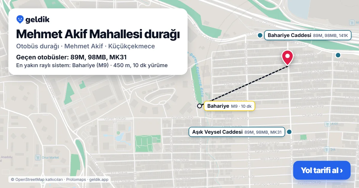 Mehmet Akif Mahallesi otobüs durağı haritada: konumu ve yakındaki duraklar