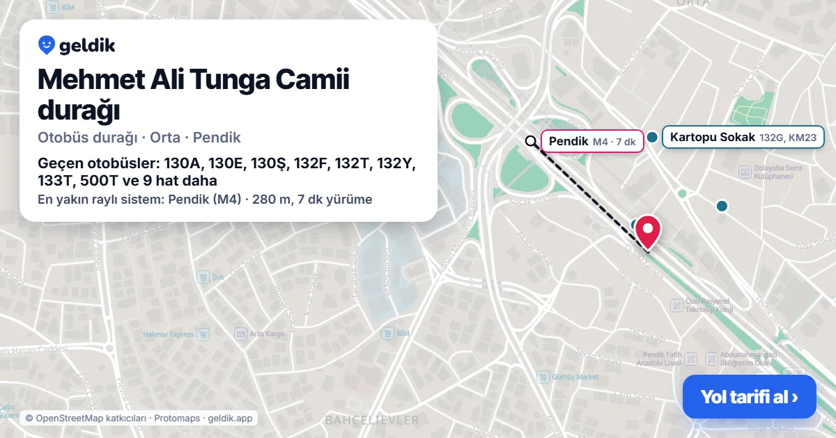 Mehmet Ali Tunga Camii otobüs durağı haritada: konumu ve yakındaki duraklar