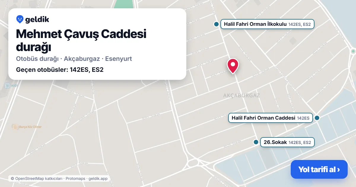 Mehmet Çavuş Caddesi otobüs durağı haritada: konumu ve yakındaki duraklar