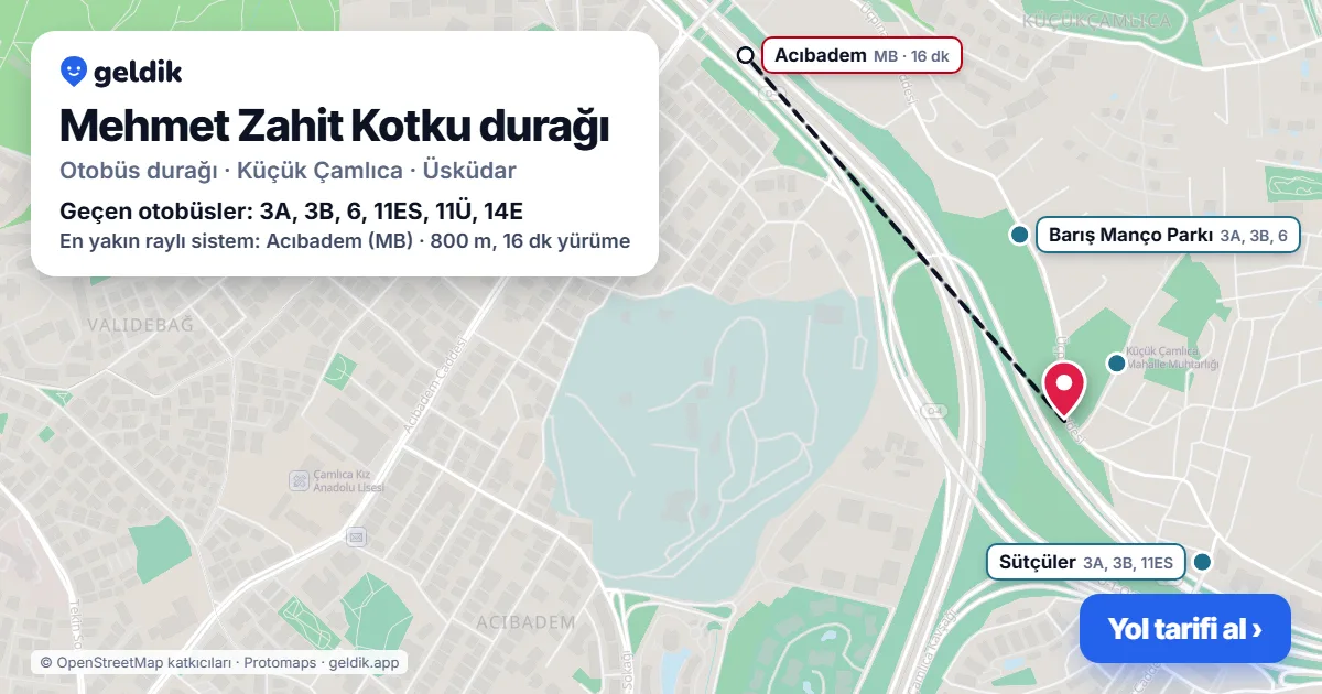 Mehmet Zahit Kotku otobüs durağı haritada: konumu ve yakındaki duraklar