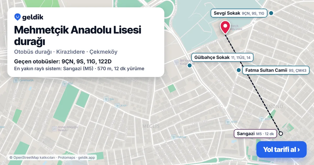 Mehmetçik Anadolu Lisesi otobüs durağı haritada: konumu ve yakındaki duraklar