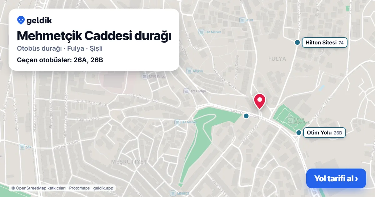 Mehmetçik Caddesi otobüs durağı haritada: konumu ve yakındaki duraklar