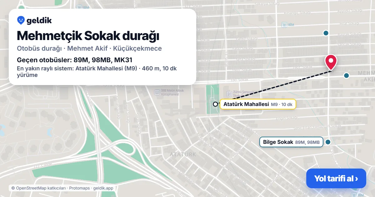 Mehmetçik Sokak otobüs durağı haritada: konumu ve yakındaki duraklar
