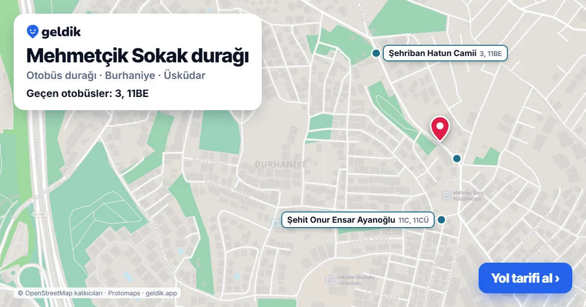 Mehmetçik Sokak otobüs durağı haritada: konumu ve yakındaki duraklar