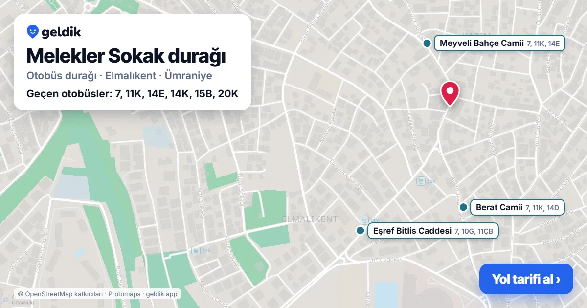 Melekler Sokak otobüs durağı haritada: konumu ve yakındaki duraklar