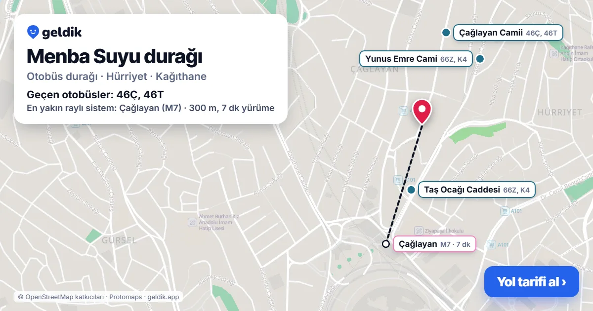 Menba Suyu otobüs durağı haritada: konumu ve yakındaki duraklar