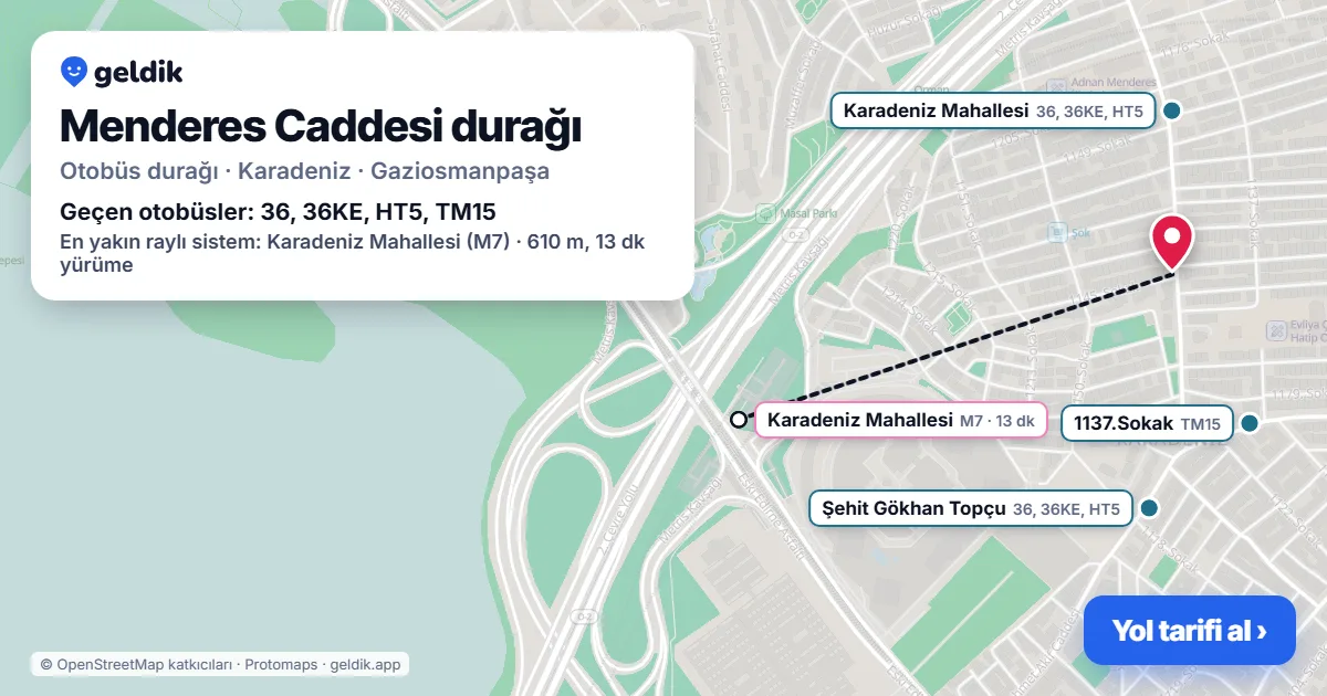 Menderes Caddesi otobüs durağı haritada: konumu ve yakındaki duraklar
