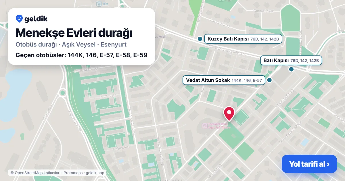 Menekşe Evleri otobüs durağı haritada: konumu ve yakındaki duraklar