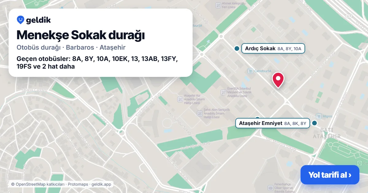 Menekşe Sokak otobüs durağı haritada: konumu ve yakındaki duraklar