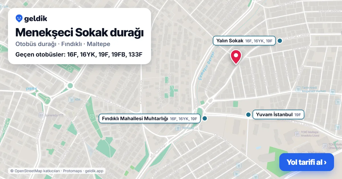 Menekşeci Sokak otobüs durağı haritada: konumu ve yakındaki duraklar