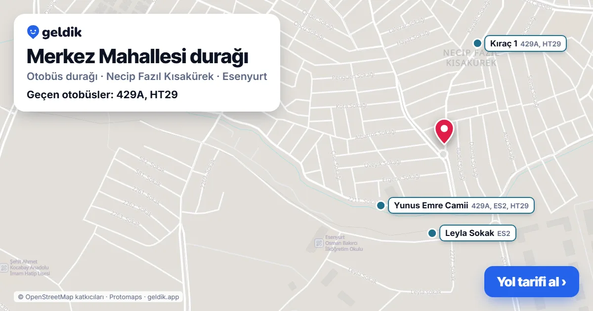 Merkez Mahallesi otobüs durağı haritada: konumu ve yakındaki duraklar