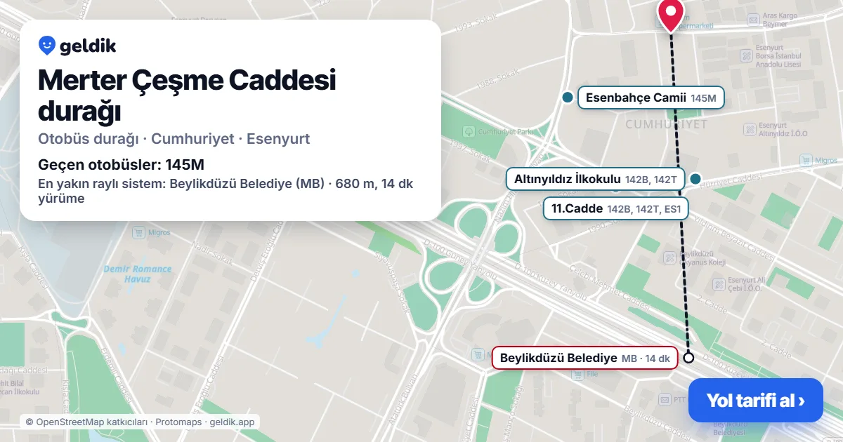 Merter Çeşme Caddesi otobüs durağı haritada: konumu ve yakındaki duraklar