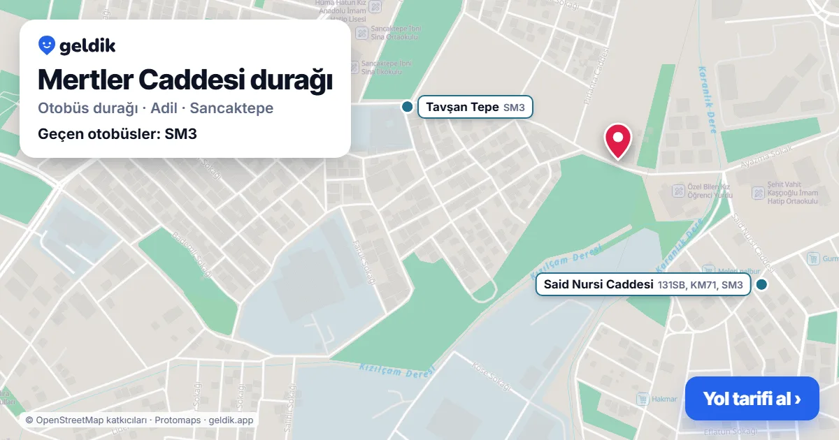 Mertler Caddesi otobüs durağı haritada: konumu ve yakındaki duraklar