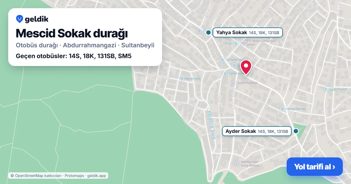Mescid Sokak otobüs durağı haritada: konumu ve yakındaki duraklar