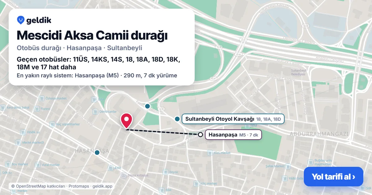 Mescidi Aksa Camii otobüs durağı haritada: konumu ve yakındaki duraklar