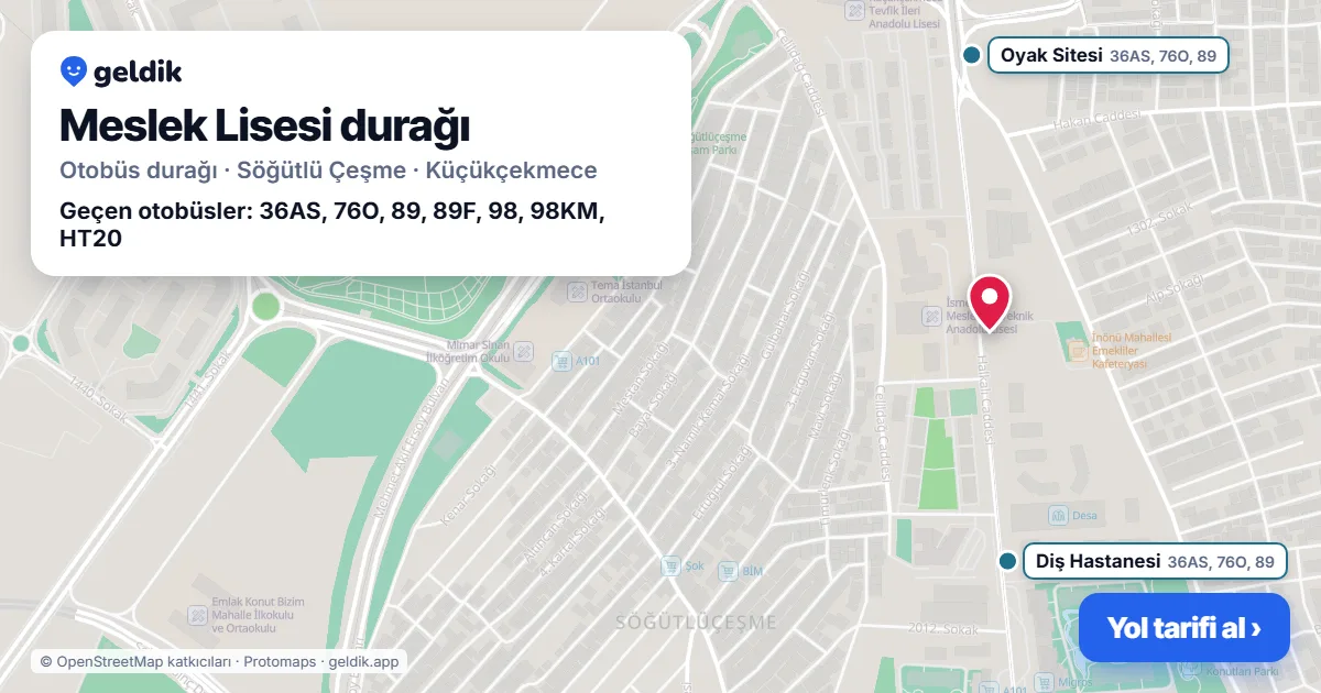 Meslek Lisesi otobüs durağı haritada: konumu ve yakındaki duraklar