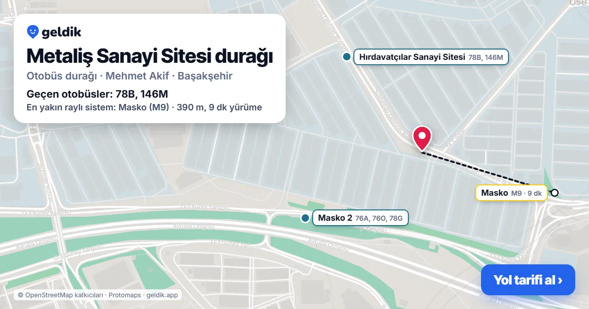 Metaliş Sanayi Sitesi otobüs durağı haritada: konumu ve yakındaki duraklar