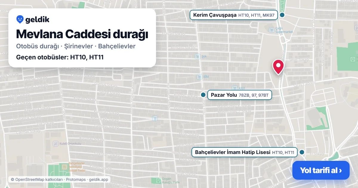 Mevlana Caddesi otobüs durağı haritada: konumu ve yakındaki duraklar