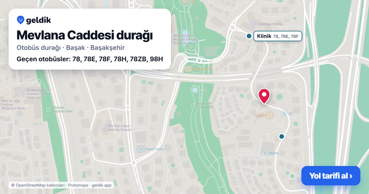 Mevlana Caddesi otobüs durağı haritada: konumu ve yakındaki duraklar