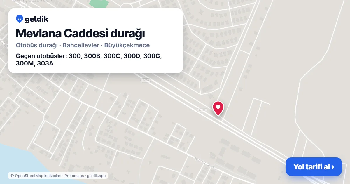 Mevlana Caddesi otobüs durağı haritada: konumu ve yakındaki duraklar