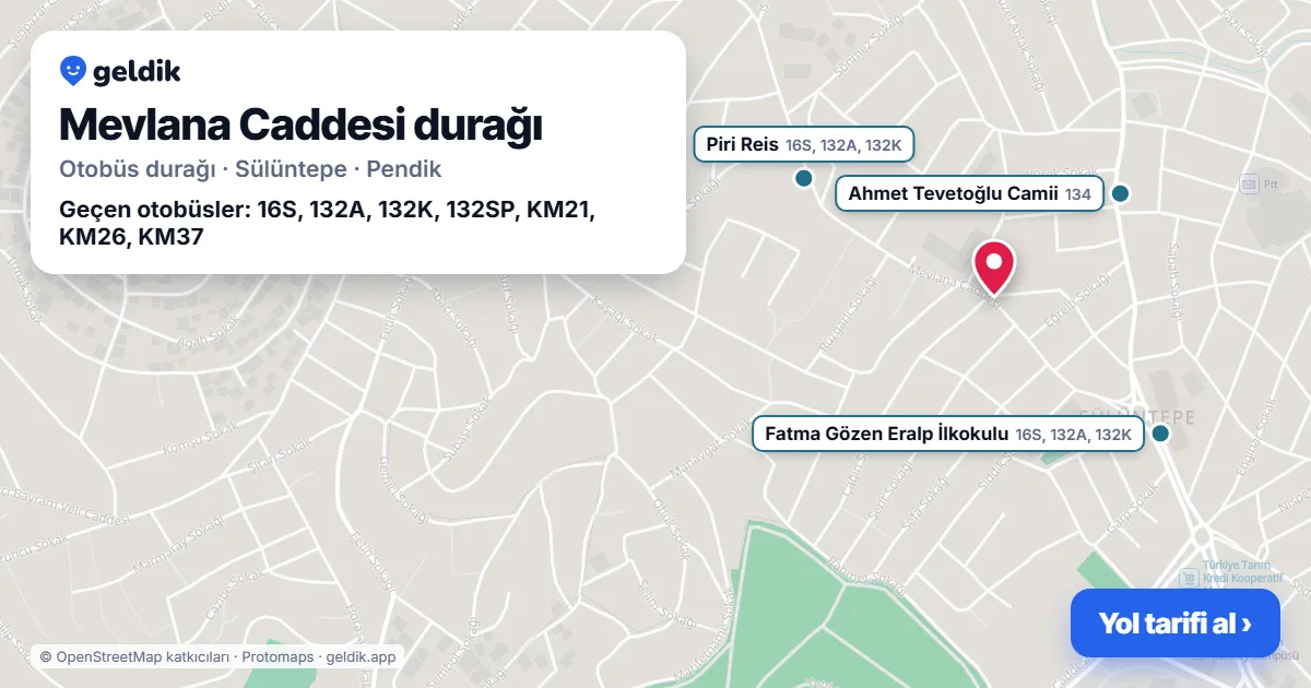 Mevlana Caddesi otobüs durağı haritada: konumu ve yakındaki duraklar